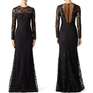 ML Monique Lhuillier Black Lace Illusion Back Column Gown Plum Lining 16 EUC